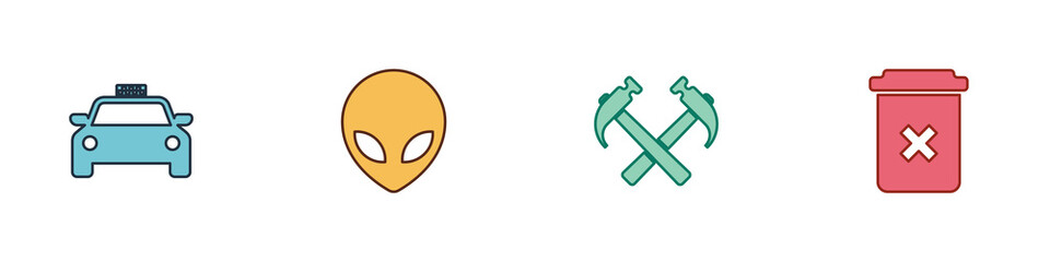 Poster - Set Taxi car, Alien, Two crossed hammers and Trash can icon. Vector.