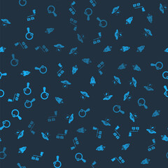 Poster - Set Folder tree, UFO abducts cow, Rocket ship with fire and Unknown search on seamless pattern. Vector.