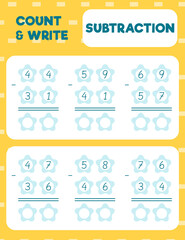 Math worksheet practice print page. Double digit subtraction. Column method. Count and write.
