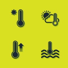 Sticker - Set Meteorology thermometer, Water, and Thermometer and cloud, sun icon. Vector.