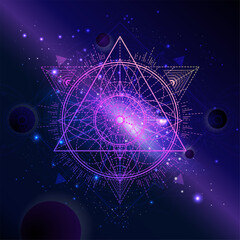 Wall Mural - Vector illustration of Sacred geometric symbol against the space background with planets and stars. Mystic sign drawn in lines. Image in purple color.