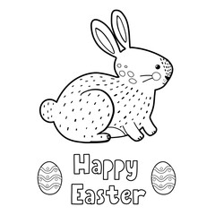 Sticker - Happy Easter coloring page with cute rabbit. Black and white greeting card and activity page for kids. Springtime outline worksheet for school and preschool. Vector illustration