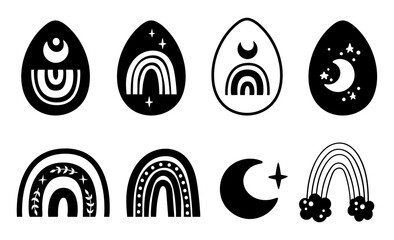 Wall Mural - Easter Eggs kids clipart set, boho Easter eggs with ornament, celestial decoration black and white silhouettes, cute isolated elements on white, cartoon vector illustration