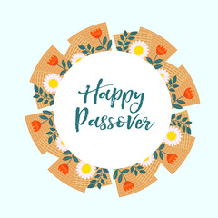 Wall Mural - Passover greeting card, poster, invitation, flyer. Pesach template for your design with matzah and spring flowers. Happy Passover inscription. Jewish holiday background. Vector illustration