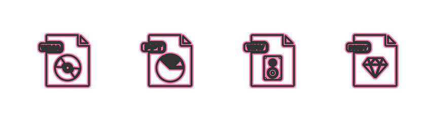 Set line WMA file document, WAV, PPT and RUBY icon. Vector.