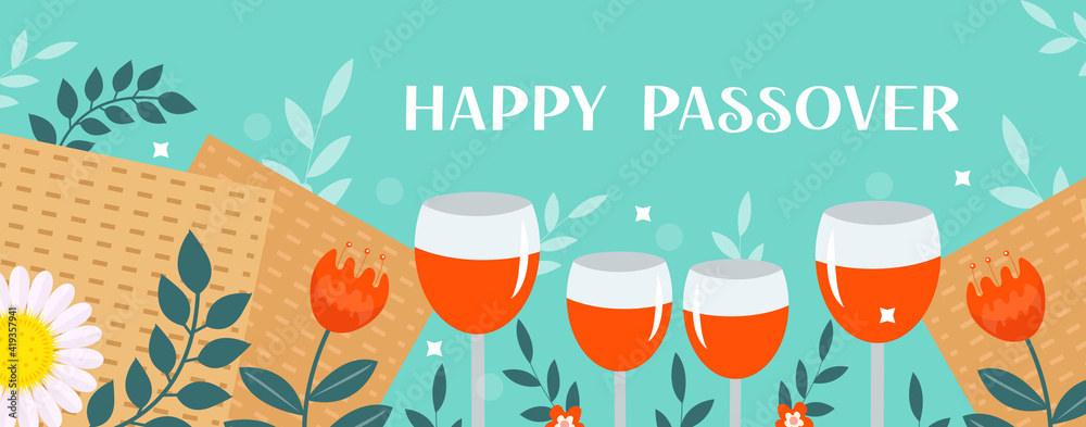 Passover banner. Pesach template for your design with matzah and spring flowers. Happy Passover inscription. Jewish holiday background. Vector illustration - obrazy, fototapety, plakaty 
