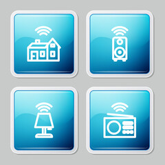 Sticker - Set line Smart home with wireless, stereo speaker, table lamp and radio icon. Vector.