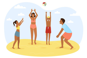 Wall Mural - Flat cartoon family people play beach volleyball. Active family mother, father, son and daughter play with a ball on the beach. Family holidays. Vector flat illustraition.