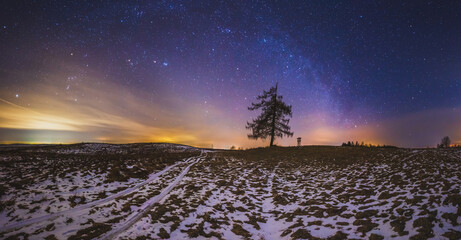 Wall Mural - Milky way galaxy, night sky panorama with stars and snow on foreground