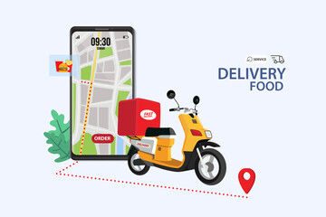 Scooter with delivery flat vector cartoon character. Fast courier. Restaurant food service, mail delivery service, a postal employee the determination of geolocation using electronic device
