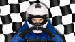 © stockphoto-graf - race or rallye driver blue overall suit with steering wheel and crash helmet in racing seat isolated black white chequered flag background. motorsport esports simracing concept.