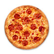© XELAR - Pizza with sausages and red onion on a white background. Top view.Very high quality photo.