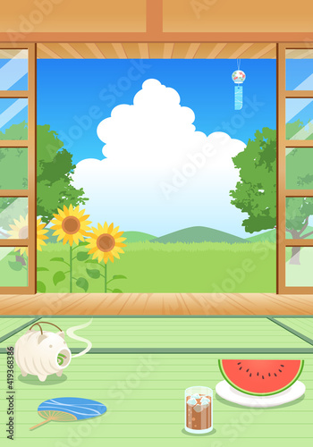 夏の縁側から見た風景のベクターイラスト ひまわり 入道雲 青空 Vektornyj Obekt Stock Adobe Stock