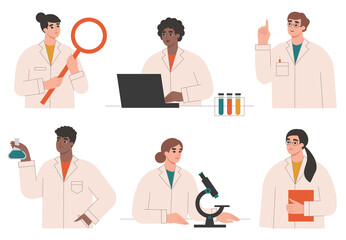 Wall Mural - set of scientists characters in laboratory. collection of people working in science, students or med