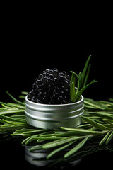 Wall Mural - Black caviar with green fresh rosemary