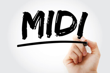 Poster - midi - musical instrument digital interface acronym with marker, concept background