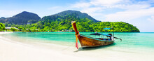 Panorama Of Thai Traditional Wooden Longtail Boat And Beautiful Sand Beach.