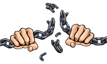 Hands in fists breaking a chain freedom concept design