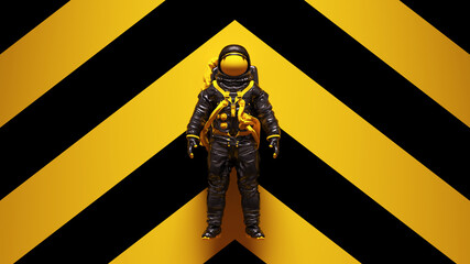 Yellow Black Spaceman Astronaut Cosmonaut with Yellow an Black Chevron Background 3d illustration render