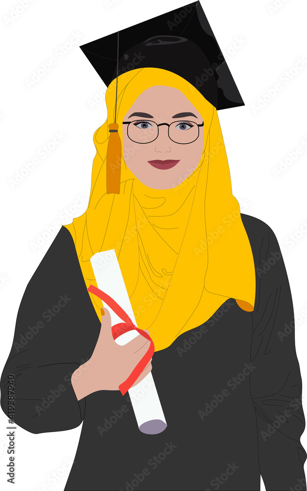 Girl wearing hijab graduation concept, yellow and black color. Portrait of  smiling female Muslim student in graduate gown showing graduation diploma  standing isolated on white background. Stock Vector | Adobe Stock