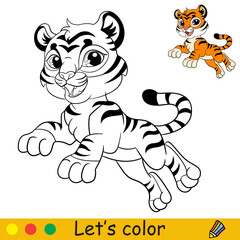 Cute jumping tiger coloring with colorful template vector