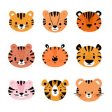 Fototapeta Pokój dzieciecy - Adorable tigers. Set of cute cartoon animals portraits. Fits for designing baby clothes. Hand drawn smiling characters. Happy animal