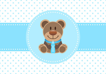 Sticker - Karte Teddy Mit Flasche Baby Junge Punkte Blau