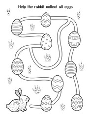 Sticker - Help little rabbit to collect all eggs. Easter maze game for kids. Black and white spring activity page. Easter bunny labyrinth puzzle. Vector illustration