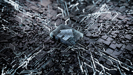 Internet Technology Concept with home symbol on a Microchip. Data flows from the CPU across a Futuristic Motherboard. 3D render.