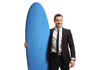 Poster - Businessman holding a surfboard