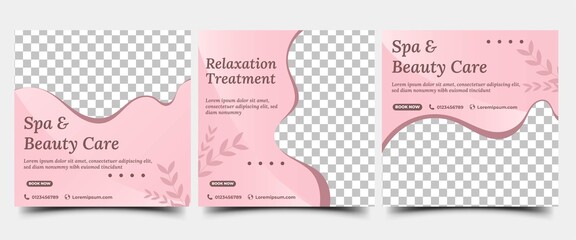 Wall Mural - Spa, beauty, and massage social media post template set design. Flat design vector with a photo collage. Suitable for social media, banner, and web internet ads.