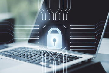 Poster - Creative idea concept with lock symbol and microcircuit illustration on modern laptop background. Protection and firewall concept. Multiexposure