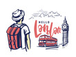 Man tourist came to London. Travel sketch theme with landmarks. Illustration for prints on t-shirts bags, posters, cards