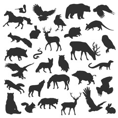 forest animal silhouette vector clipart. wild life mountain fauna illustration. collection set stamp