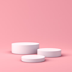 Fototapete - Blank white round podium pedestals or platforms isolated on pink pastel color background with shadow minimal conceptual 3D rendering