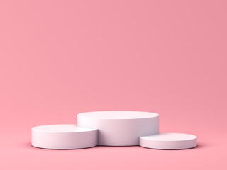 Poster - Blank white round podium pedestals or product platforms isolated on pink pastel color background with shadow minimal conceptual 3D rendering
