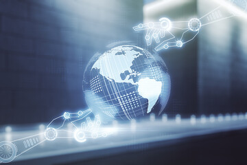 Aufkleber - Abstract virtual robotics technology hologram with globe on blurry contemporary office building background, artificial intelligence and machine learning concept. Multi exposure