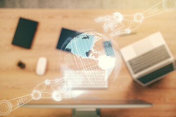 Poster - creative abstract robotics technology sketch with globe on modern laptop background, future technolo