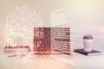 Poster - Creative concept of code skull illustration on modern laptop background. Hacking and phishing concept. Multiexposure