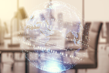 Poster - Multi exposure of abstract graphic coding sketch and world map on a modern furnished classroom background, big data and networking concept