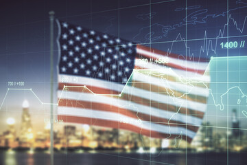 Aufkleber - Multi exposure of abstract virtual graphic data spreadsheet sketch on US flag and skyline background, analytics and analysis concept