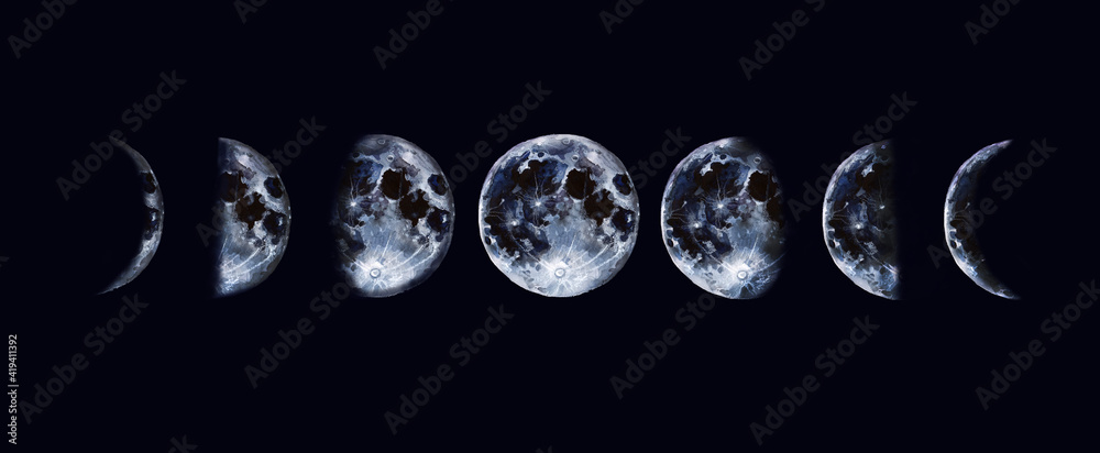 Moon phases on a dark background. Watercolour. Postcard. The poster ...