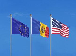 Wall Mural - Three flags. USA (United States of America), EU (European Union) and Moldavia. 3D illustration