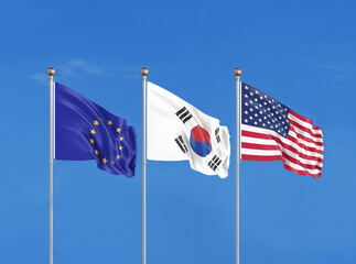 Wall Mural - Three flags. USA (United States of America), EU (European Union) and South Korea. 3D illustration.