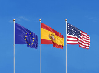 Wall Mural - Three flags. USA (United States of America), EU (European Union) and Spain. 3D illustration.