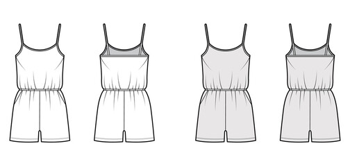 Wall Mural - Camisole jumpsuit Dungaree overall technical fashion illustration with mini length, normal elastic waist, oversized, pockets. Flat front back, white, grey color style. Women, men unisex CAD mockup