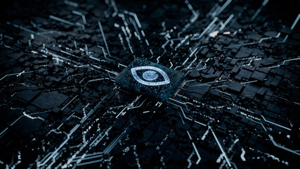Vision Technology Concept with eye symbol on a Microchip. Data flows from the CPU across a Futuristic Motherboard. 3D render.