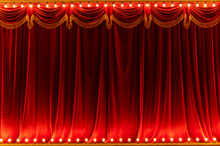 Theater Red Curtain And Neon Lamp Around Border