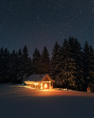 Wall Mural - fantastic winter landscape with wooden house in snowy mountains. starry sky with milky way and snow 