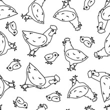 Seamless Repeat Pattern Of Cartoon Cute Farm Domestic Animals Isolated On White Background. Family Of The Black White Cock, Hen And Small Chicken.